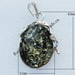 Imitate Amber Pendant With Metal Alloy Set, 49x31x14mm, Sold by Bag 