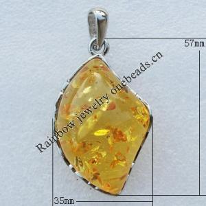 Imitate Amber Pendant With Metal Alloy Set, 57x35x19mm, Sold by Bag 