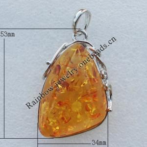 Imitate Amber Pendant With Metal Alloy Set, 53x34x16mm, Sold by Bag 