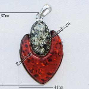 Imitate Amber Pendant With Metal Alloy Set, 67x41x11mm, Sold by Bag 