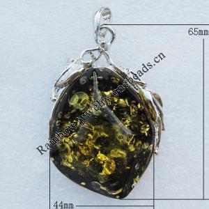 Imitate Amber Pendant With Metal Alloy Set, 65x44x19mm, Sold by Bag 