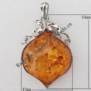 Imitate Amber Pendant With Metal Alloy Set, 64x43x16.5mm, Sold by Bag 