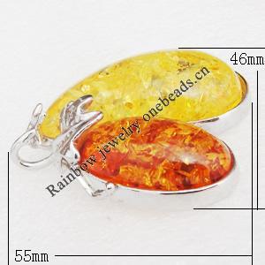 Imitate Amber Pendant With Metal Alloy Set, 55x46x12mm, Sold by Bag 