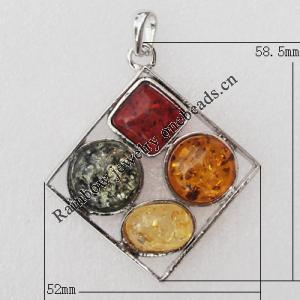 Imitate Amber Pendant With Metal Alloy Set, 58.5x52x9mm, Sold by Bag 