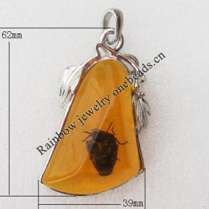 Imitate Amber Pendant With Metal Alloy Set, 62x39x16mm, Sold by Bag 
