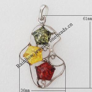 Imitate Amber Pendant With Metal Alloy Set, 61x36x9mm, Sold by Bag 