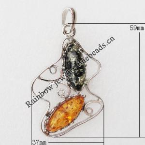 Imitate Amber Pendant With Metal Alloy Set, 59x37x8mm, Sold by Bag 