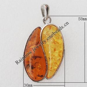 Imitate Amber Pendant With Metal Alloy Set, 58x36x11mm, Sold by Bag 
