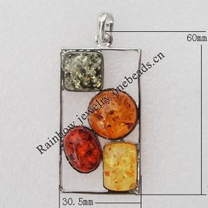 Imitate Amber Pendant With Metal Alloy Set, 60x30.5x10mm, Sold by Bag 