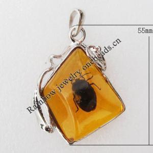 Imitate Amber Pendant With Metal Alloy Set, 55x32.5x15mm, Sold by Bag 