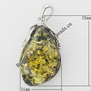 Imitate Amber Pendant With Metal Alloy Set, 55x31x16mm, Sold by Bag 