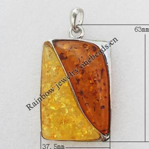 Imitate Amber Pendant With Metal Alloy Set, 63x37.5x12mm, Sold by Bag 