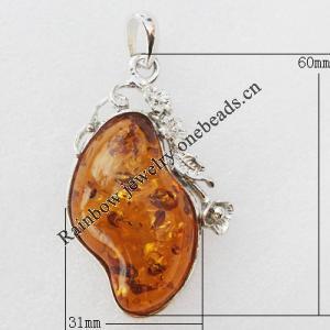 Imitate Amber Pendant With Metal Alloy Set, 60x31x14mm, Sold by Bag 