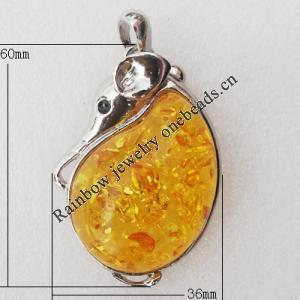 Imitate Amber Pendant With Metal Alloy Set, 60x36x17mm, Sold by Bag 