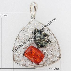 Imitate Amber Pendant With Metal Alloy Set, 51x44.5x8mm, Sold by Bag 