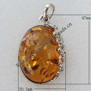 Imitate Amber Pendant With Metal Alloy Set, 47x30.5x14mm, Sold by Bag 