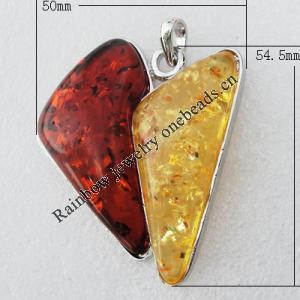 Imitate Amber Pendant With Metal Alloy Set, 54.5x50x11.5mm, Sold by Bag 