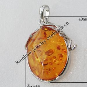 Imitate Amber Pendant With Metal Alloy Set, 49x31.5x14mm, Sold by Bag 