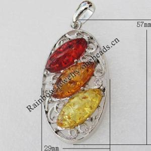 Imitate Amber Pendant With Metal Alloy Set, 57x29x8mm, Sold by Bag 