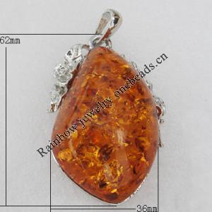 Imitate Amber Pendant With Metal Alloy Set, 62x36x19.5mm, Sold by Bag 