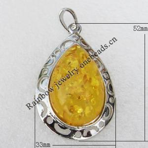 Imitate Amber Pendant With Metal Alloy Set, 52x33x13mm, Sold by Bag 