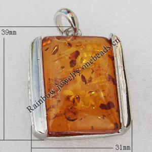 Imitate Amber Pendant With Metal Alloy Set, 39x31x12mm, Sold by Bag 