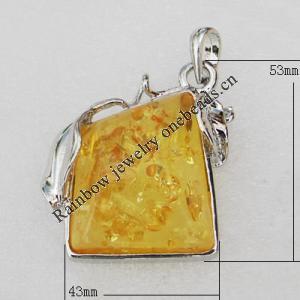 Imitate Amber Pendant With Metal Alloy Set, 53x43x14mm, Sold by Bag 