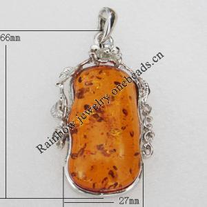 Imitate Amber Pendant With Metal Alloy Set, 66x27x13mm, Sold by Bag 