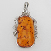 Imitate Amber Pendant With Metal Alloy Set, 66x27x13mm, Sold by Bag 