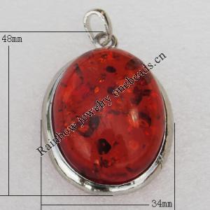 Imitate Amber Pendant With Metal Alloy Set, 48x34x13.5mm, Sold by Bag 