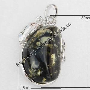 Imitate Amber Pendant With Metal Alloy Set, 50x26x14mm, Sold by Bag