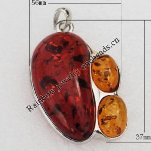 Imitate Amber Pendant With Metal Alloy Set, 56x37x13mm, Sold by Bag