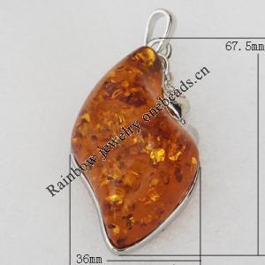Imitate Amber Pendant With Metal Alloy Set, 67.5x36x20.5mm, Sold by Bag