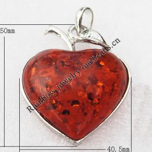 Imitate Amber Pendant With Metal Alloy Set, 50x40.5x12mm, Sold by Bag