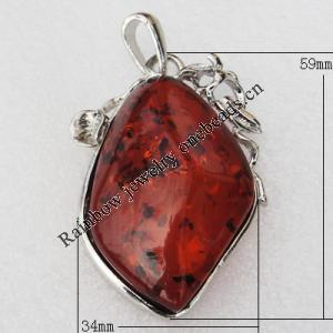 Imitate Amber Pendant With Metal Alloy Set, 59x34x17.5mm, Sold by Bag