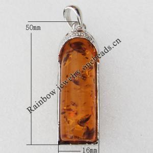 Imitate Amber Pendant With Metal Alloy Set, 50x16x12mm, Sold by Bag