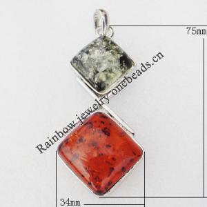 Imitate Amber Pendant With Metal Alloy Set, 75x34x11mm, Sold by Bag