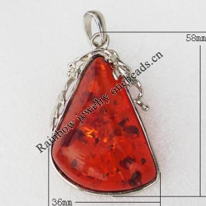 Imitate Amber Pendant With Metal Alloy Set, 58x36x15mm, Sold by Bag