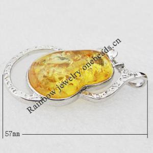 Imitate Amber Pendant With Metal Alloy Set, 57x35x11mm, Sold by Bag