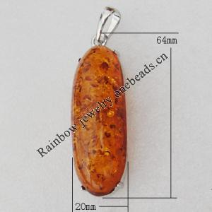 Imitate Amber Pendant With Metal Alloy Set, 64x20x13.5mm, Sold by Bag