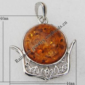 Imitate Amber Pendant With Metal Alloy Set, 46x44x14mm, Sold by Bag