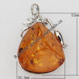Imitate Amber Pendant With Metal Alloy Set, 52x36.5x19mm, Sold by Bag