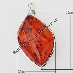Imitate Amber Pendant With Metal Alloy Set, 29x34x18mm, Sold by Bag