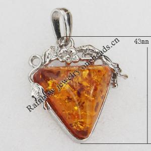 Imitate Amber Pendant With Metal Alloy Set, 43x32x16mm, Sold by Bag