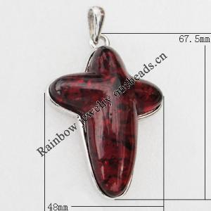 Imitate Amber Pendant With Metal Alloy Set, 67.5x48x15mm, Sold by Bag