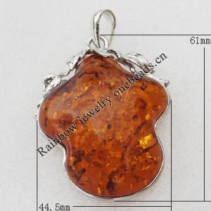 Imitate Amber Pendant With Metal Alloy Set, 61x44.5x14mm, Sold by Bag