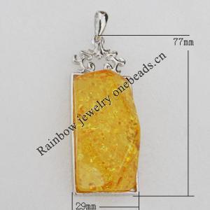 Imitate Amber Pendant With Metal Alloy Set, 77x29x15mm, Sold by Bag