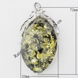 Imitate Amber Pendant With Metal Alloy Set, 72.5x29x30mm, Sold by Bag