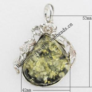 Imitate Amber Pendant With Metal Alloy Set, 53x42x13mm, Sold by Bag