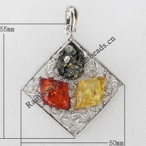 Imitate Amber Pendant With Metal Alloy Set, 55x50x8mm, Sold by Bag